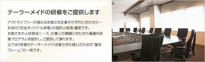 [テーラーメイドの研修をご提供します]クアクトライブラリーの強みはお客さま企業それぞれに合わせた「一社型の研修設計と実施・運営」です。  お客さまの人材育成ニーズ、仕事上の課題に合わせた最適な研修プログラムを設計し、ご提供して参ります。  以下は「研修のテーラーメイド（お客さま仕様）」のための“基本フレーム”の一例です。